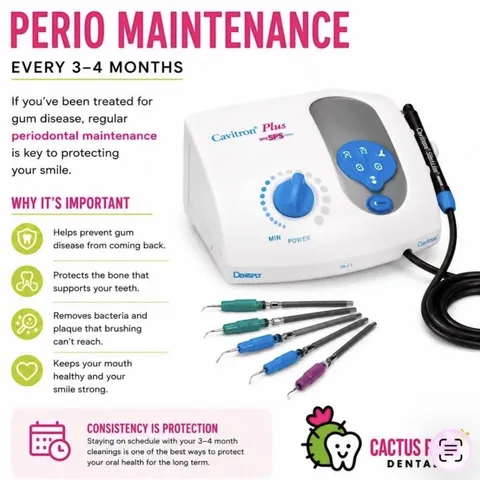 Graphic explaining why periodontal maintenance every three to four months protects your smile, beside the practice's Cavitron ultrasonic scaler